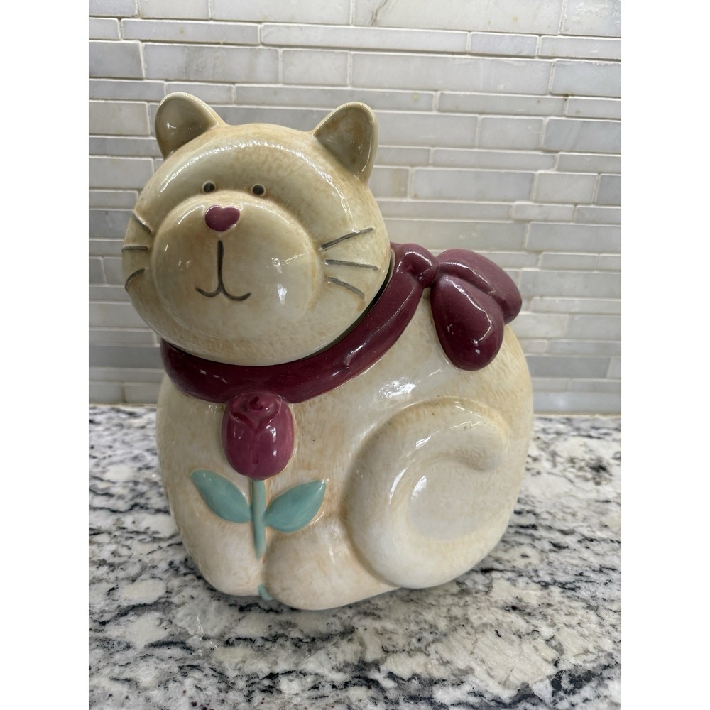 Vtg Treasure Craft Ginger Cat Cookie Jar w/ Flower by Susan Marie Grandmacore